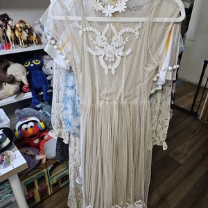 Joyfolie Cream Dress with Embroidered Accents